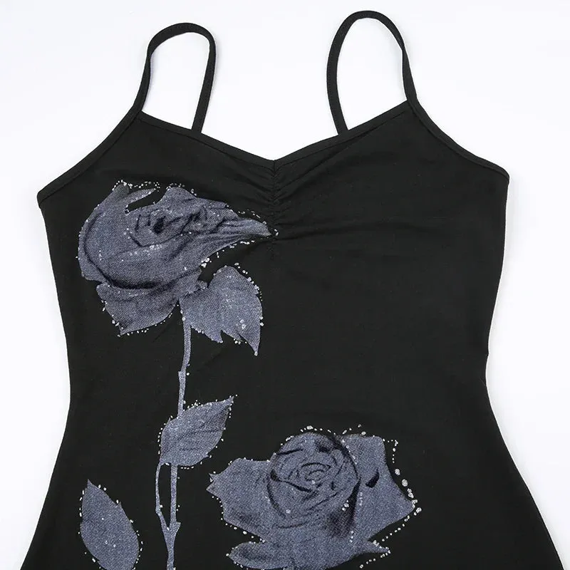 Uniwim Elegant Strap Flowers Printed Frill Sexy Dress