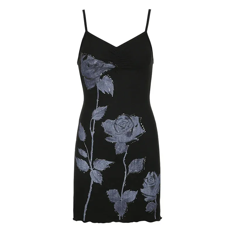 Uniwim Elegant Strap Flowers Printed Frill Sexy Dress