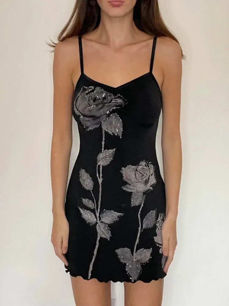 Uniwim Elegant Strap Flowers Printed Frill Sexy Dress