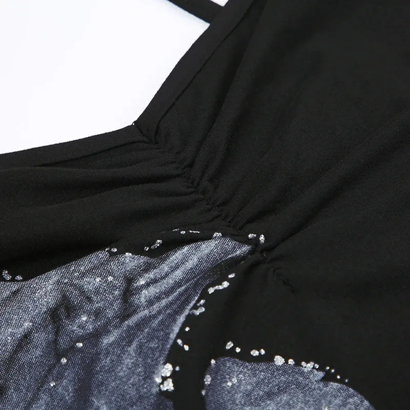 Uniwim Elegant Strap Flowers Printed Frill Sexy Dress