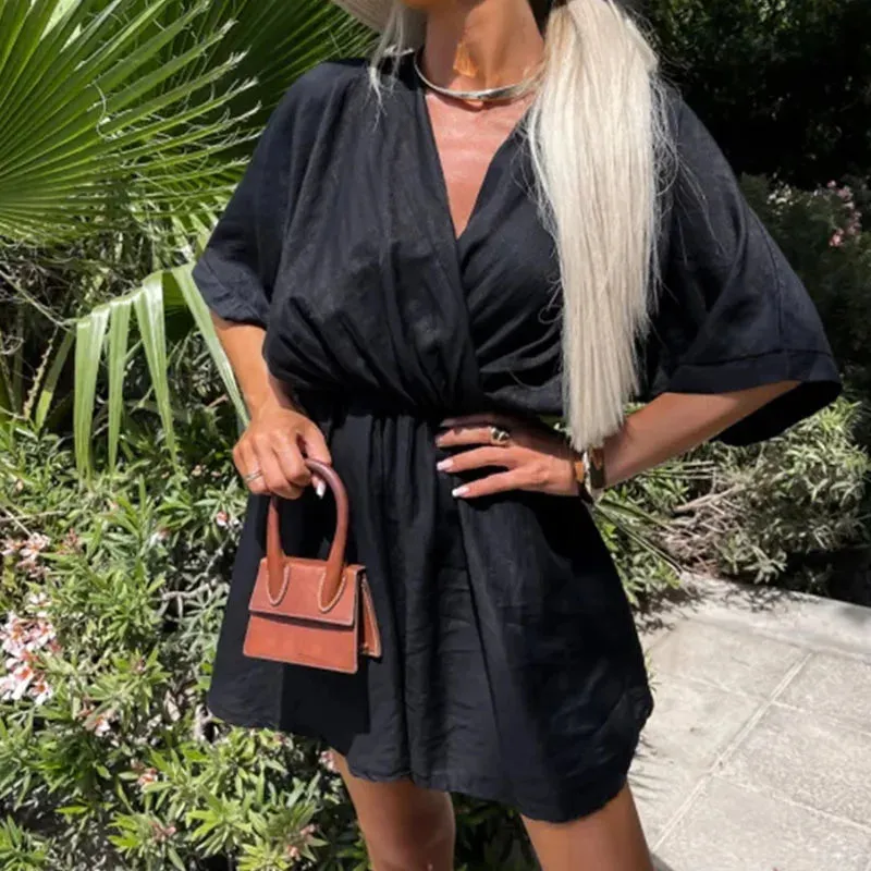 Vacation Solid Pleat Mini Dress 2024 Casual Short Sleeved Women Elegant Elegant Dress