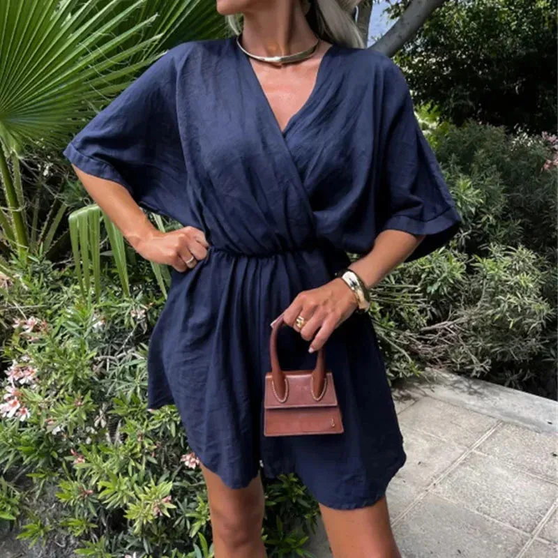 Vacation Solid Pleat Mini Dress 2024 Casual Short Sleeved Women Elegant Elegant Dress