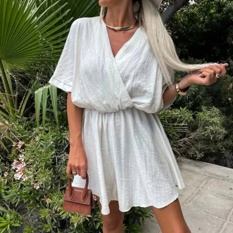 Vacation Solid Pleat Mini Dress 2024 Casual Short Sleeved Women Elegant Elegant Dress