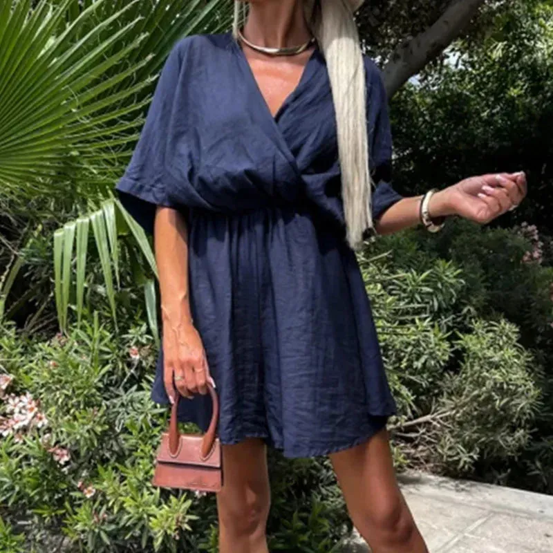 Vacation Solid Pleat Mini Dress 2024 Casual Short Sleeved Women Elegant Elegant Dress