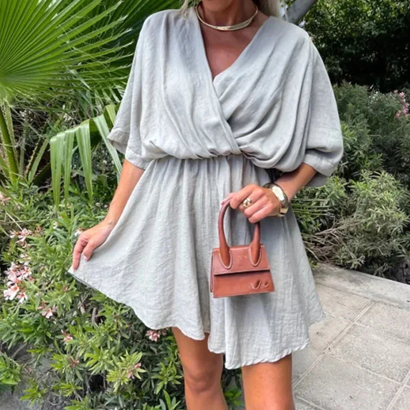 Vacation Solid Pleat Mini Dress 2024 Casual Short Sleeved Women Elegant Elegant Dress