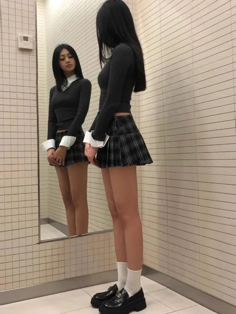 Vintage Y2K Plaid Mini Skirt Women Sexy Preppy Style Low Waist Slim A-line Side Split Retro Pleated Skirt Streetwear