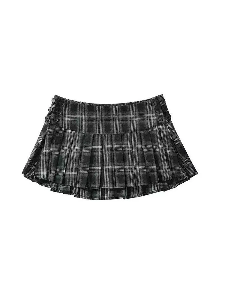Vintage Y2K Plaid Mini Skirt Women Sexy Preppy Style Low Waist Slim A-line Side Split Retro Pleated Skirt Streetwear