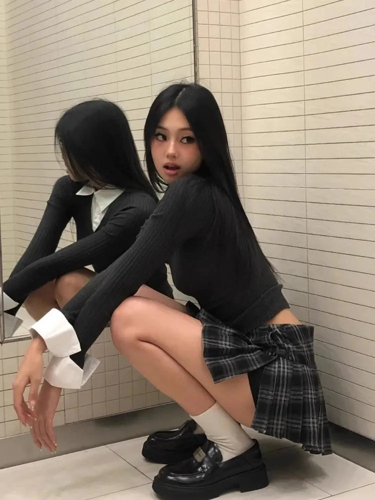 Vintage Y2K Plaid Mini Skirt Women Sexy Preppy Style Low Waist Slim A-line Side Split Retro Pleated Skirt Streetwear