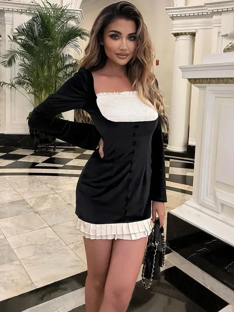 Waist High Elegant Slim Mini Sexy Splice Retro Party Folds Dress