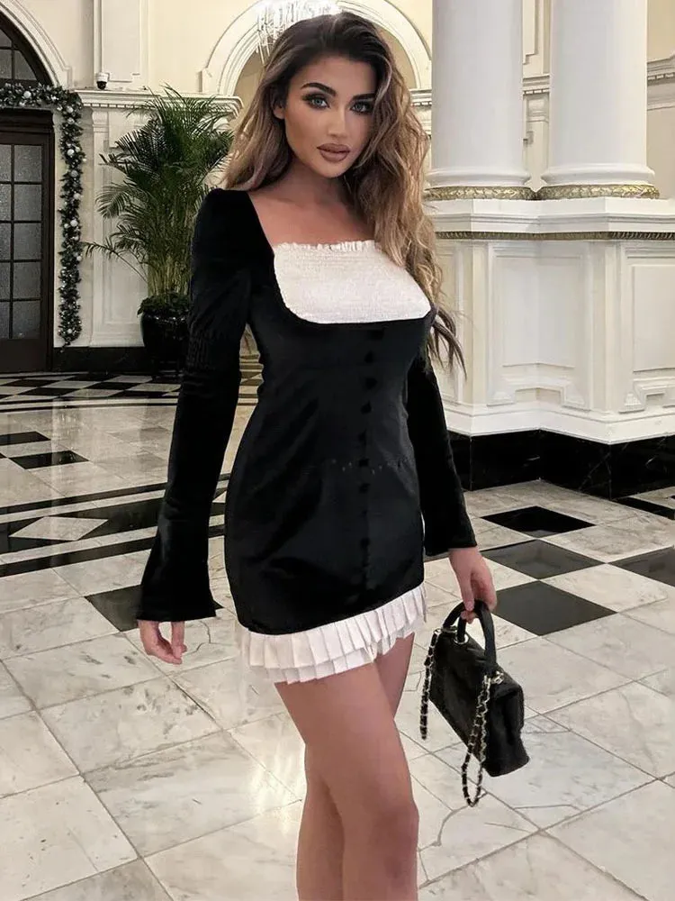 Waist High Elegant Slim Mini Sexy Splice Retro Party Folds Dress