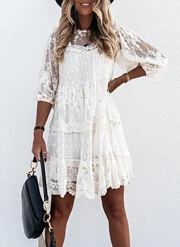 Wenkouban Fashion 2023 Summer Elegant Casual Lace Knee-Length Woman Dress Three Quarter Loose Waist Vintage Solid A-Line Sexy Party Dress