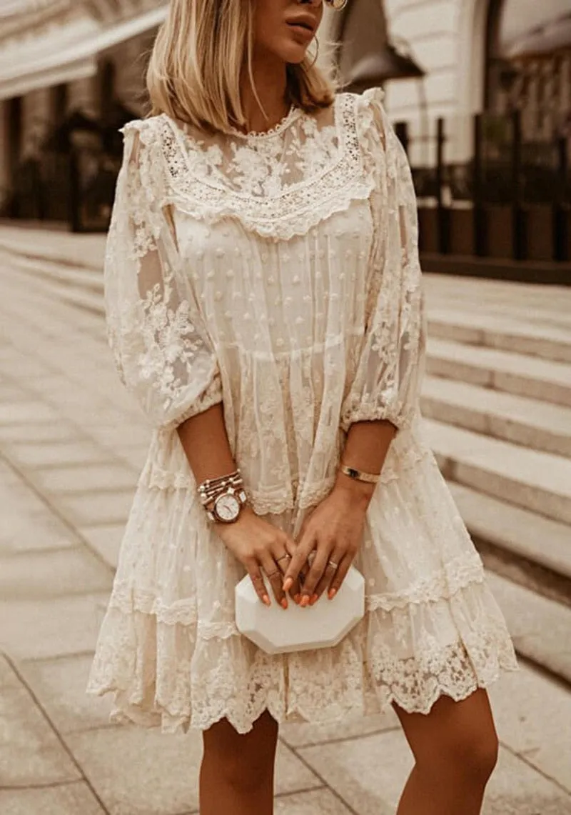 Wenkouban Fashion 2023 Summer Elegant Casual Lace Knee-Length Woman Dress Three Quarter Loose Waist Vintage Solid A-Line Sexy Party Dress
