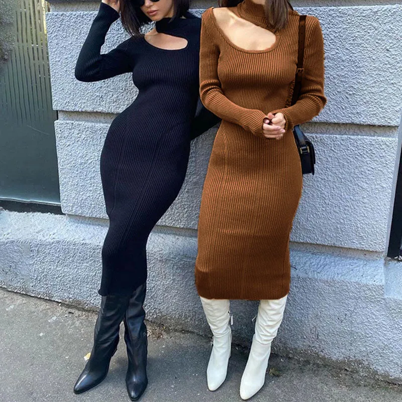Wenkouban Ribbing Knitted Women's Solid Slim Midi Dress 2023 Autumn Mock-Neck Hollow Out Long Sleeve Dresses Ladies Sexy Elegant Vestidos
