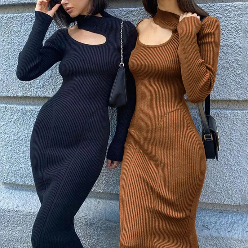 Wenkouban Ribbing Knitted Women's Solid Slim Midi Dress 2023 Autumn Mock-Neck Hollow Out Long Sleeve Dresses Ladies Sexy Elegant Vestidos