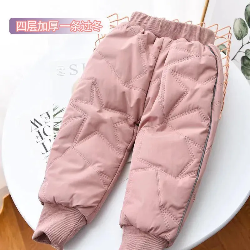 Winter Children Cotton Pants Baby Boy Down Pants Four-layer Fleece Thickening Cotton Children Clothes Boy Girl Trousers 0-6Y