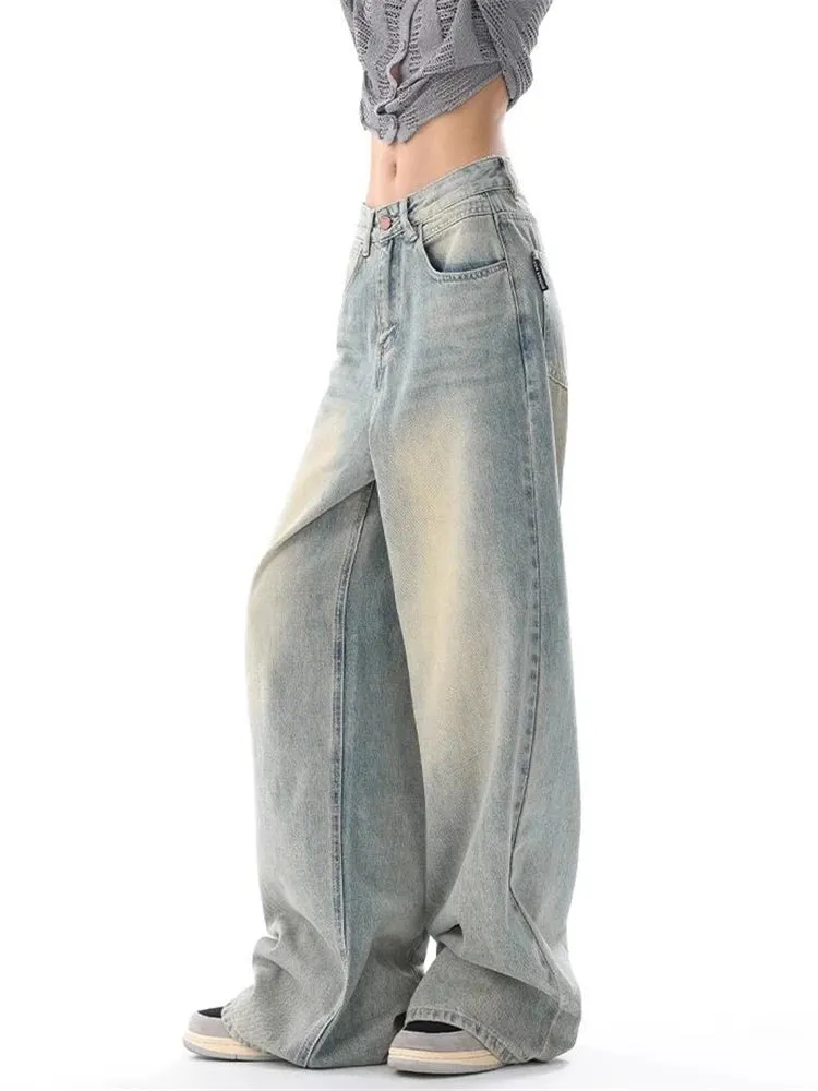 Women's American Vintage Washed Thin Street Casual Neutral Style Blue Denim Trousers Female High Waist Straight Pants Jeans