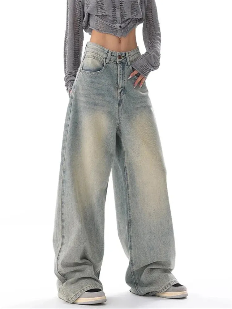 Women's American Vintage Washed Thin Street Casual Neutral Style Blue Denim Trousers Female High Waist Straight Pants Jeans