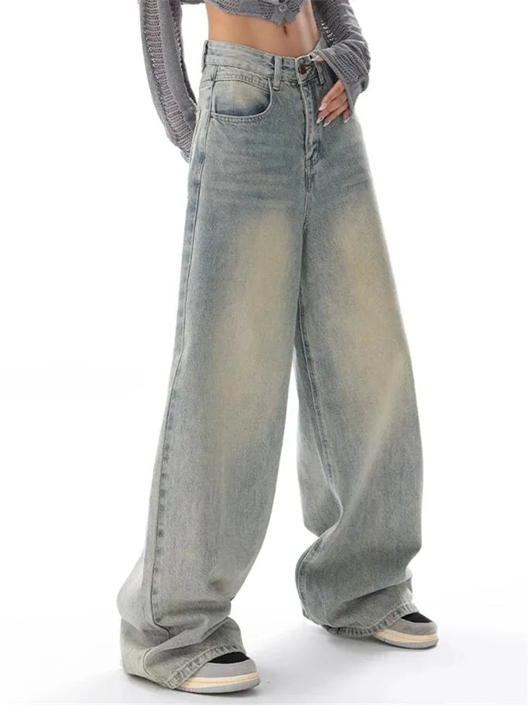 Women's American Vintage Washed Thin Street Casual Neutral Style Blue Denim Trousers Female High Waist Straight Pants Jeans