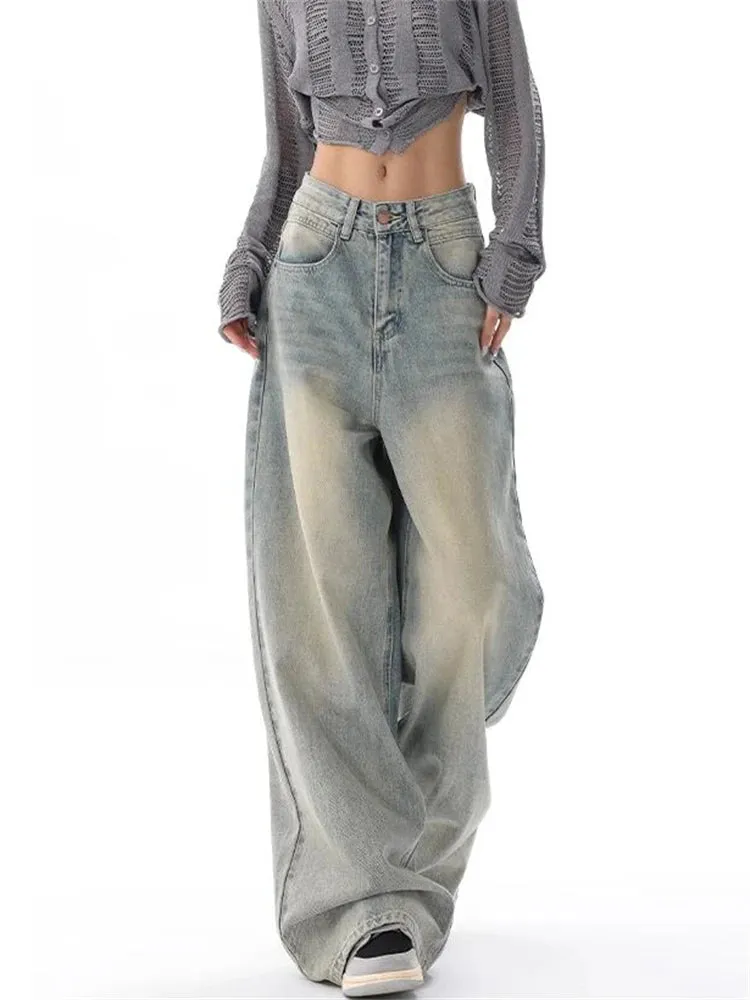 Women's American Vintage Washed Thin Street Casual Neutral Style Blue Denim Trousers Female High Waist Straight Pants Jeans