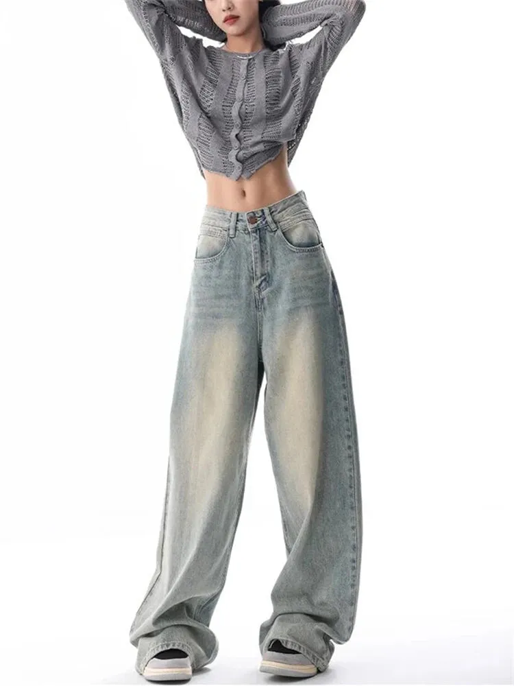 Women's American Vintage Washed Thin Street Casual Neutral Style Blue Denim Trousers Female High Waist Straight Pants Jeans