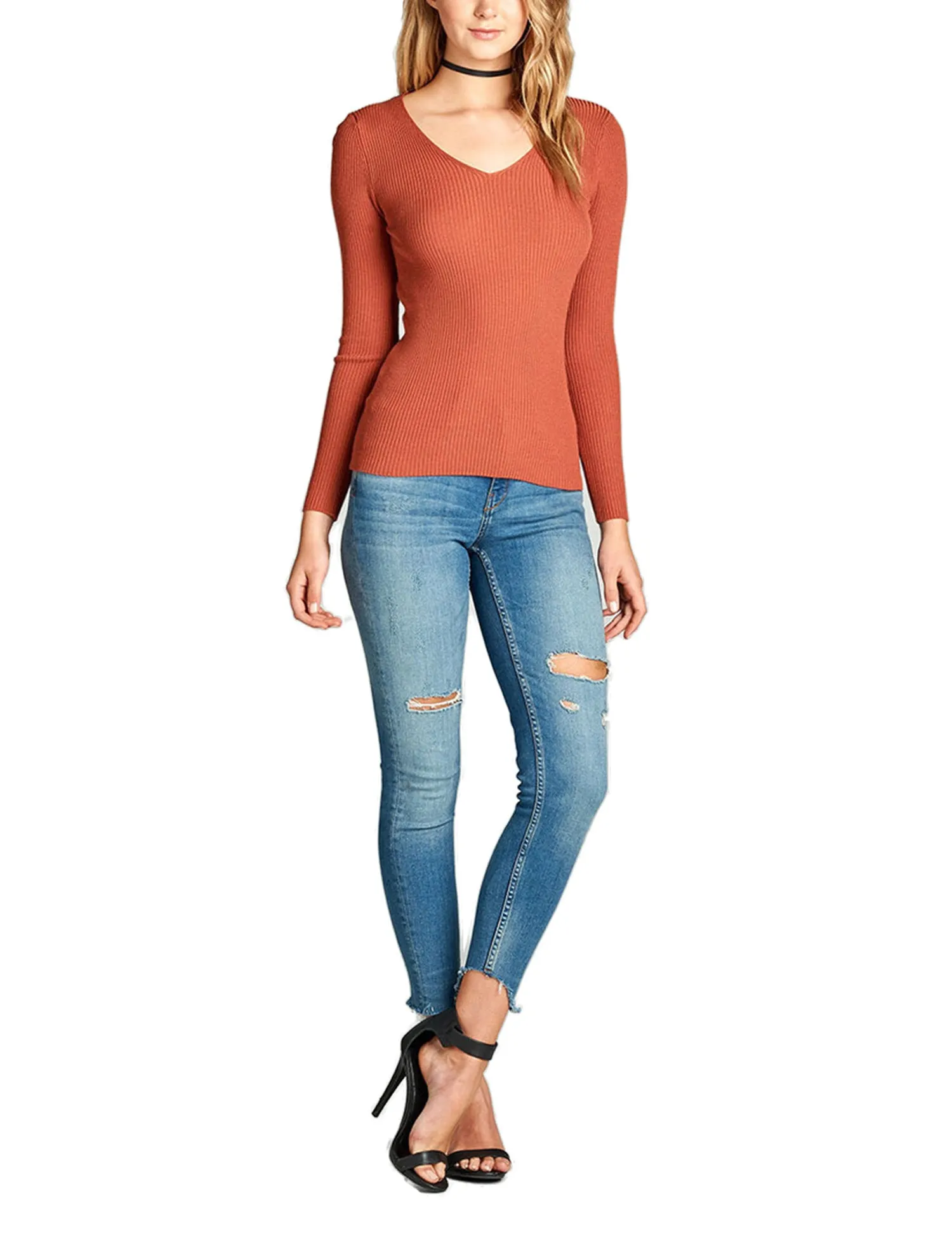 Women's Long Sleeve V-Neck Fitted Rib Rayon Nylon Sweater Top