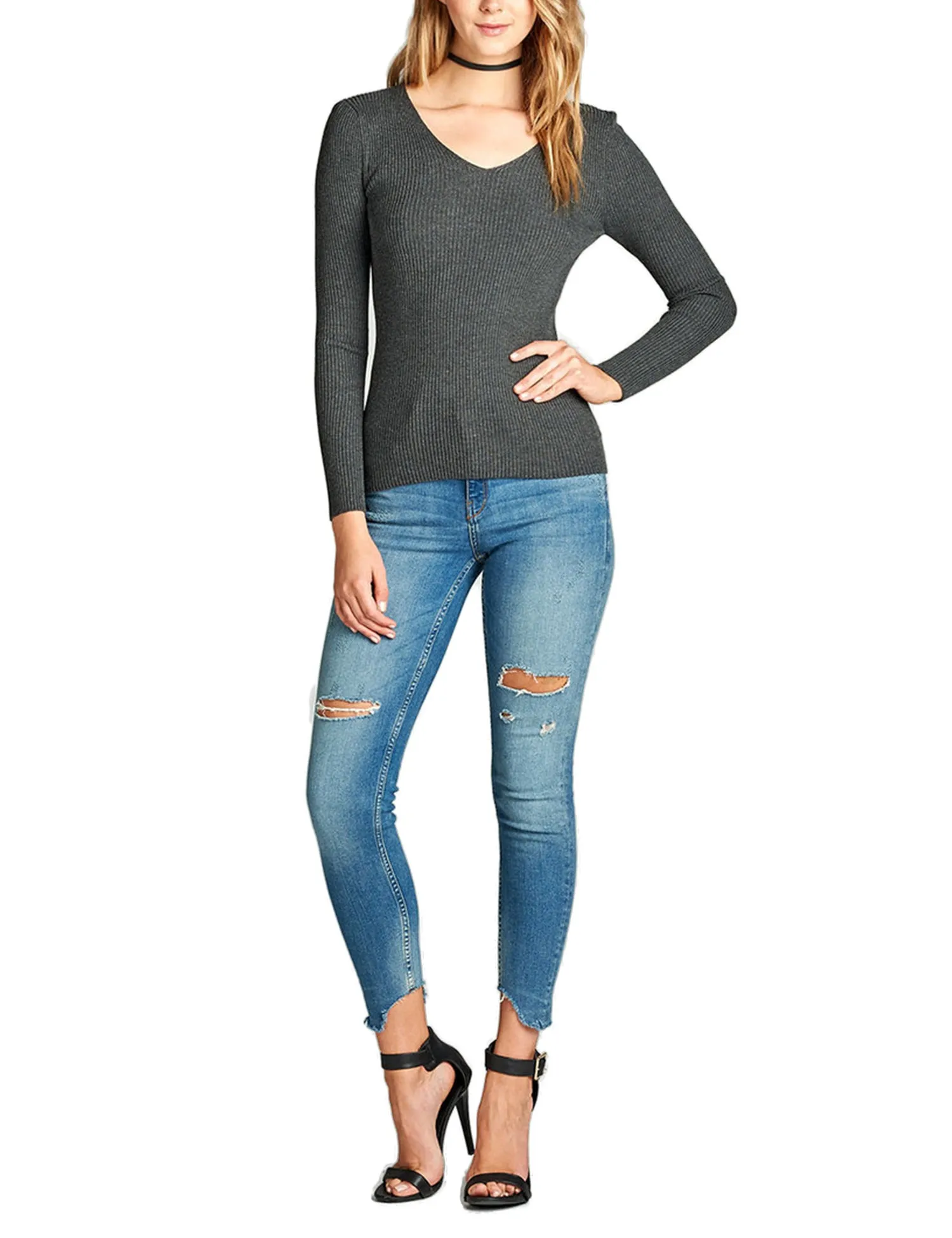Women's Long Sleeve V-Neck Fitted Rib Rayon Nylon Sweater Top