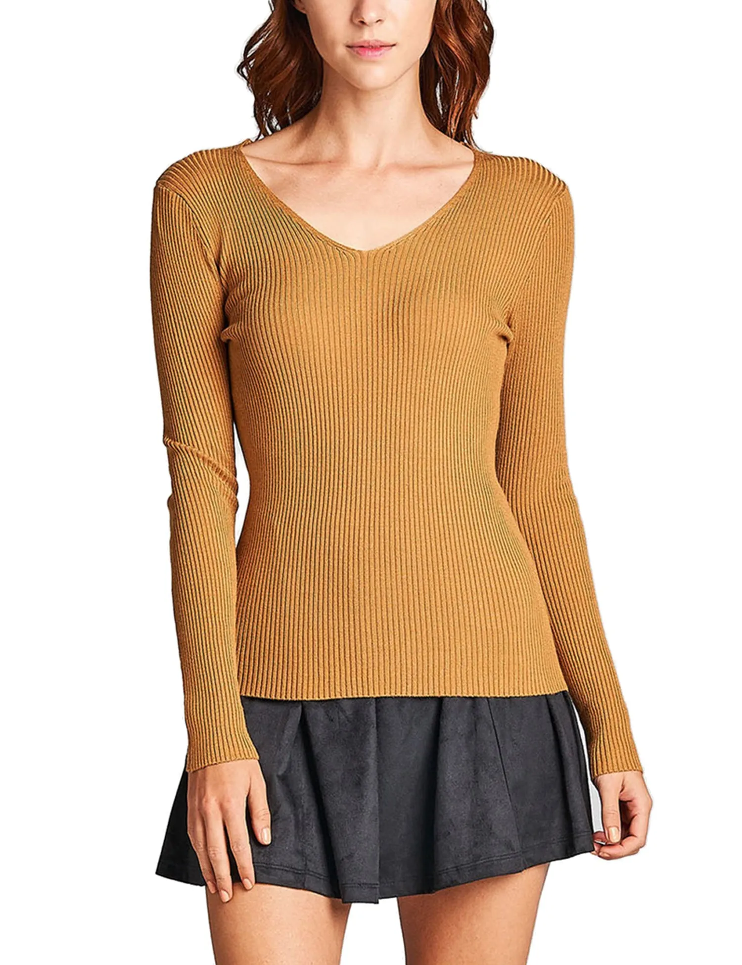 Women's Long Sleeve V-Neck Fitted Rib Rayon Nylon Sweater Top