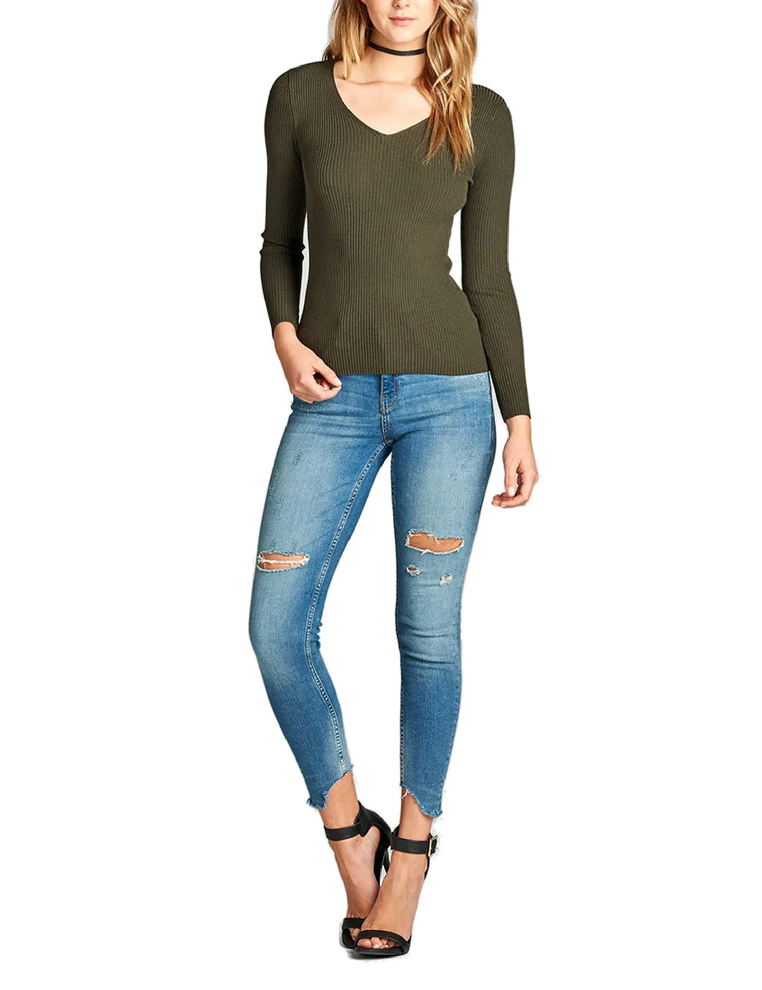 Women's Long Sleeve V-Neck Fitted Rib Rayon Nylon Sweater Top