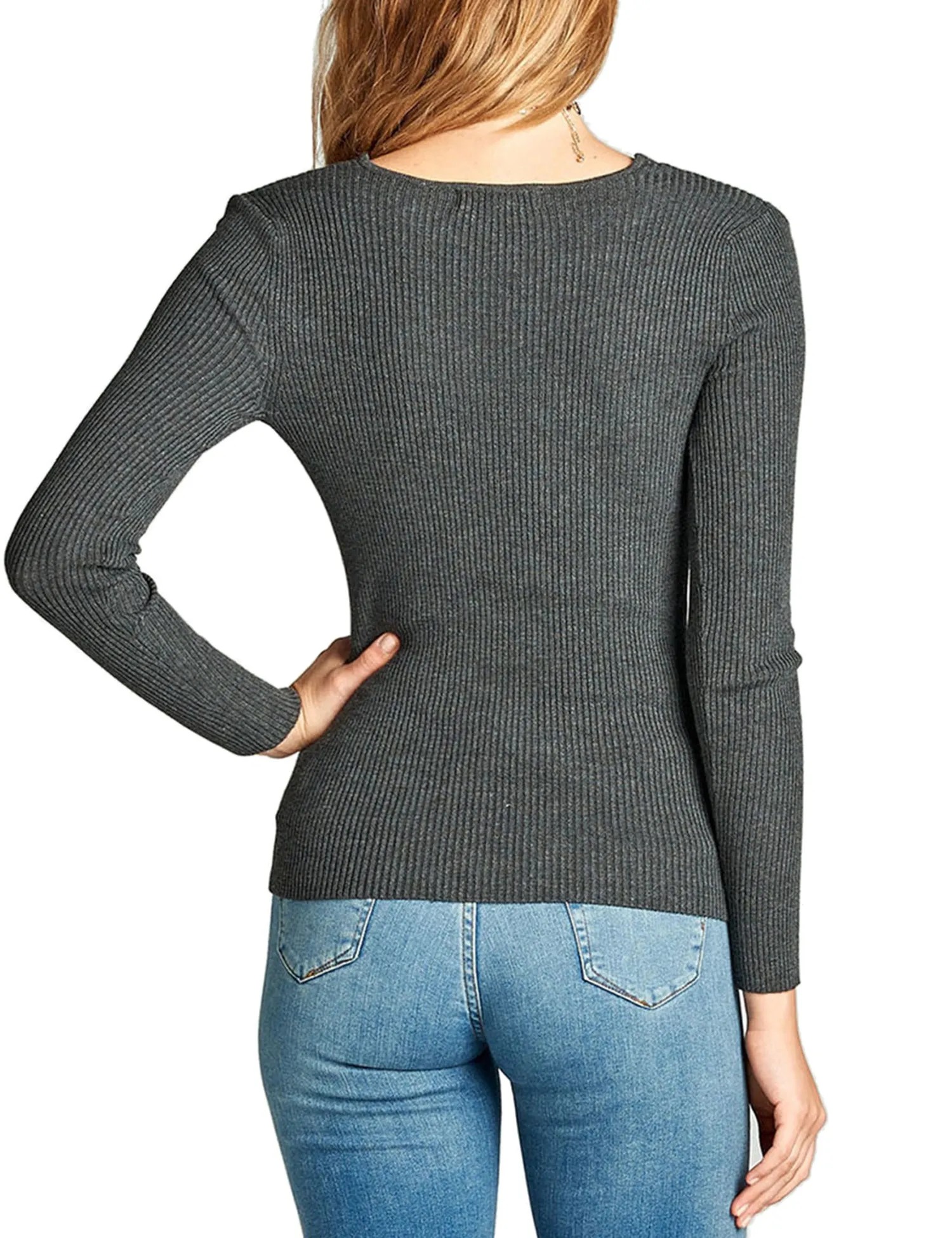 Women's Long Sleeve V-Neck Fitted Rib Rayon Nylon Sweater Top