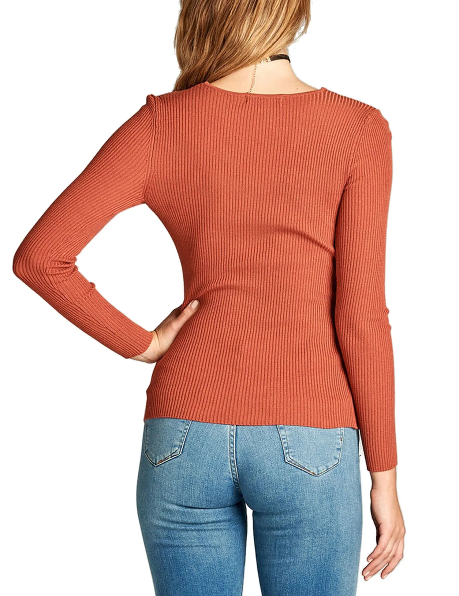 Women's Long Sleeve V-Neck Fitted Rib Rayon Nylon Sweater Top
