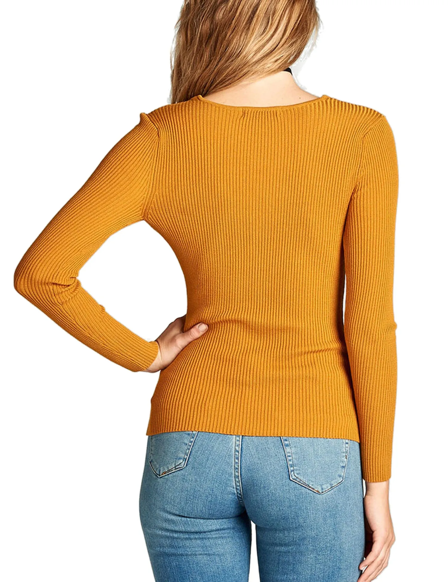 Women's Long Sleeve V-Neck Fitted Rib Rayon Nylon Sweater Top