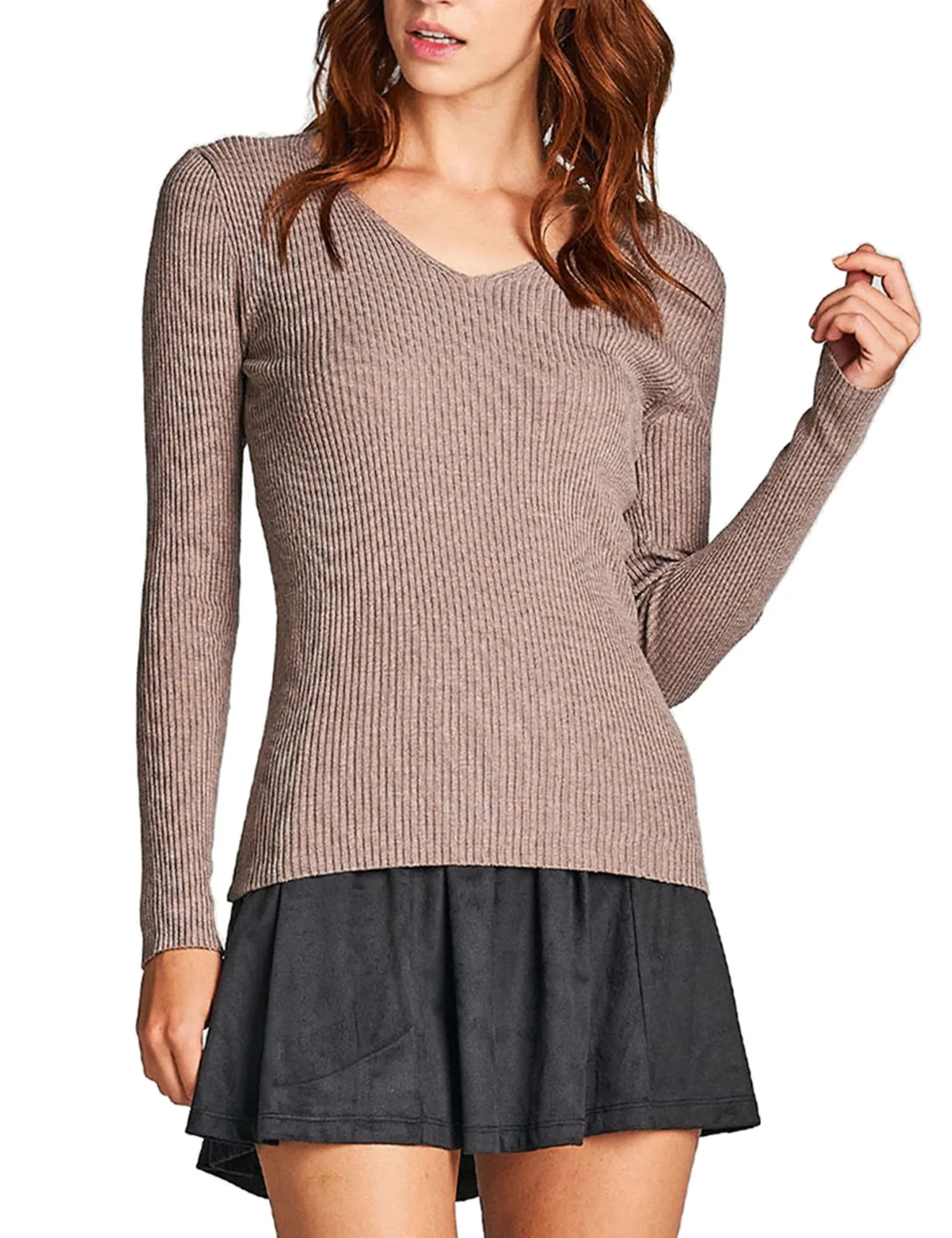 Women's Long Sleeve V-Neck Fitted Rib Rayon Nylon Sweater Top