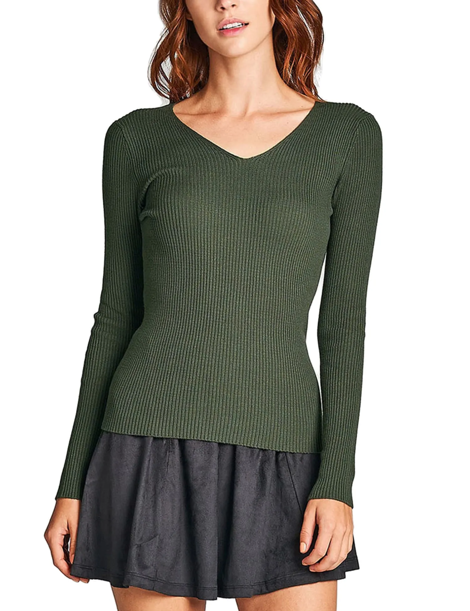 Women's Long Sleeve V-Neck Fitted Rib Rayon Nylon Sweater Top