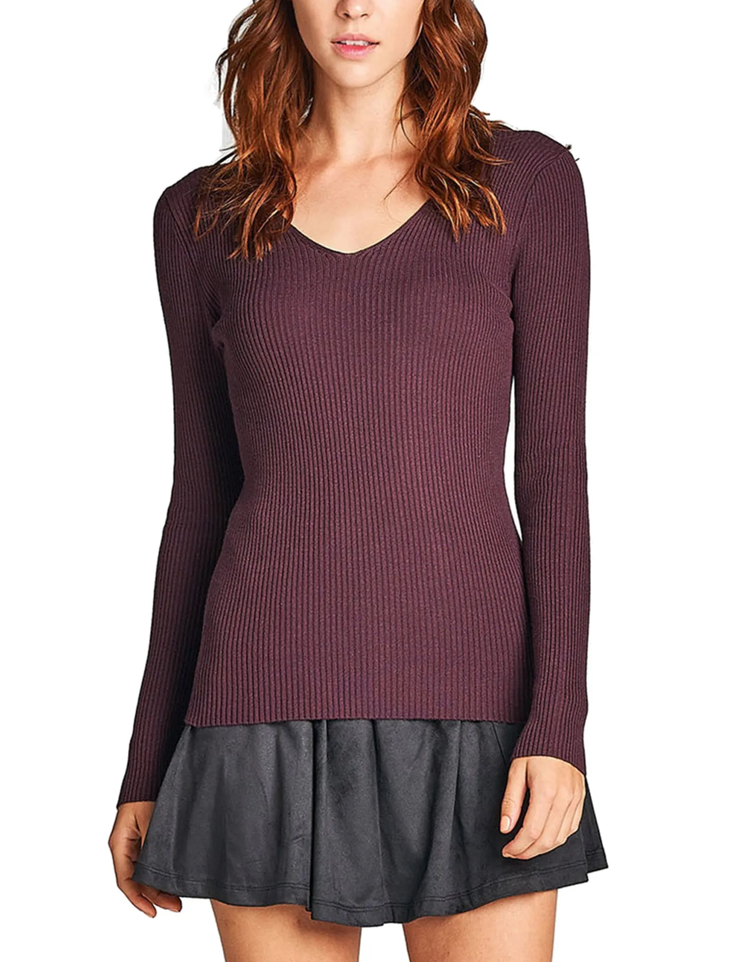 Women's Long Sleeve V-Neck Fitted Rib Rayon Nylon Sweater Top