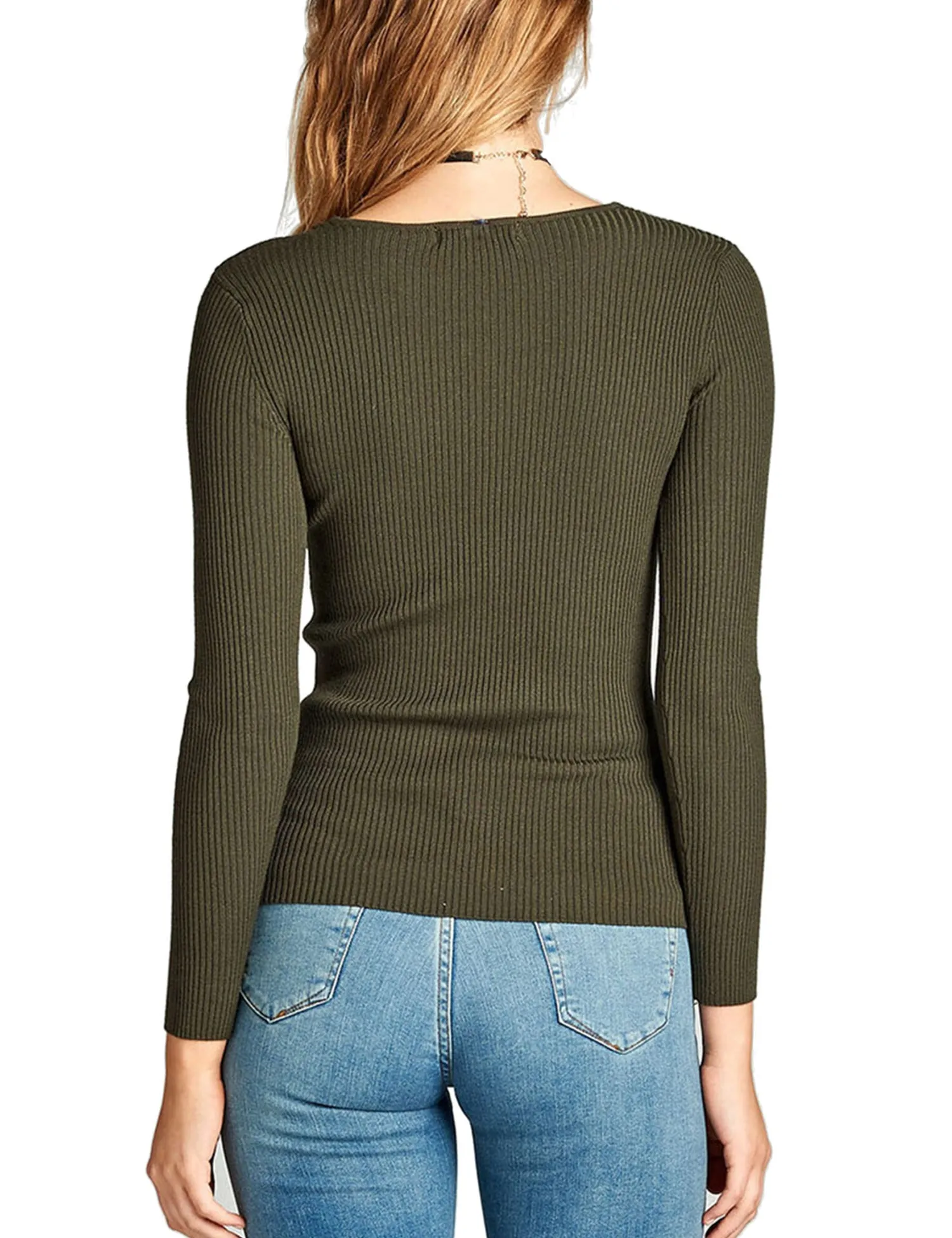Women's Long Sleeve V-Neck Fitted Rib Rayon Nylon Sweater Top