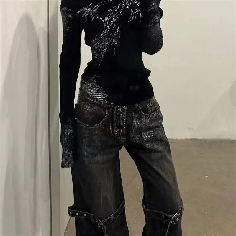 Women's Strap Design Vintage American Rock Style Jeans Cool Girl High Waisted Neutral Pants Female Loose Retro Denim Trousers