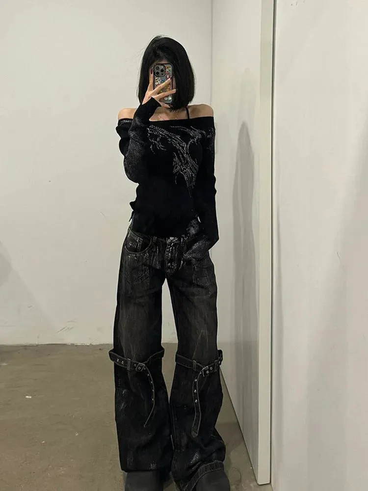 Women's Strap Design Vintage American Rock Style Jeans Cool Girl High Waisted Neutral Pants Female Loose Retro Denim Trousers