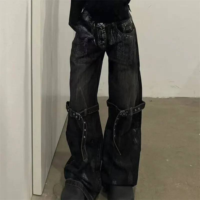 Women's Strap Design Vintage American Rock Style Jeans Cool Girl High Waisted Neutral Pants Female Loose Retro Denim Trousers
