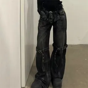 Women's Strap Design Vintage American Rock Style Jeans Cool Girl High Waisted Neutral Pants Female Loose Retro Denim Trousers