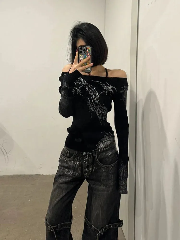 Women's Strap Design Vintage American Rock Style Jeans Cool Girl High Waisted Neutral Pants Female Loose Retro Denim Trousers